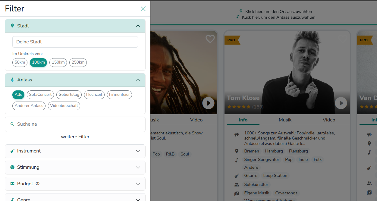 Künstler-Suchseite zeigt Filteroptionen und Ergebnisse