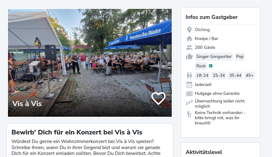 Beispiel eines vollständigen Gastgeber-Profils mit Veranstaltungsort-Details und Fotos